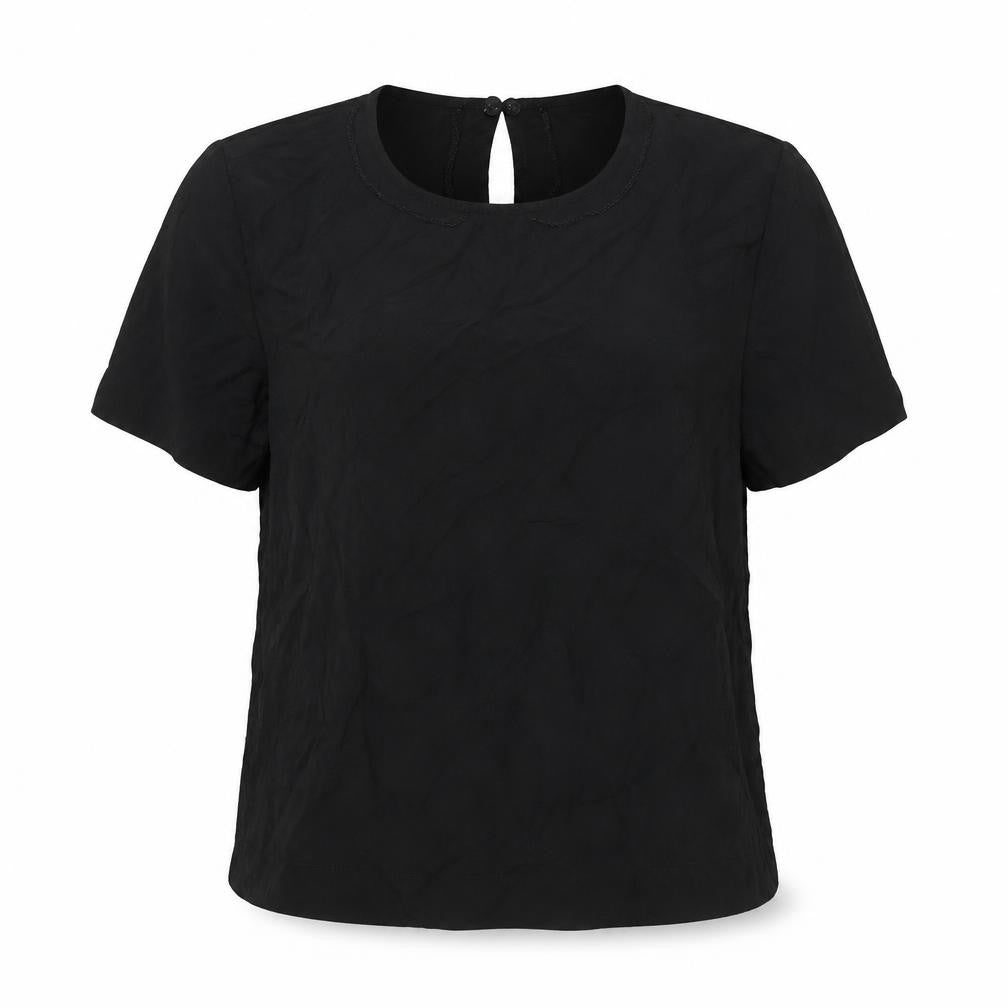 Front view of ICHI women’s black polyester blend tunic blouse, size UK 8, round neck