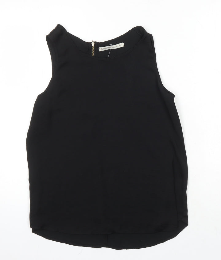 Stradivarius Womens Black Herringbone Cotton Blend Tunic Blouse Size XL Round Neck