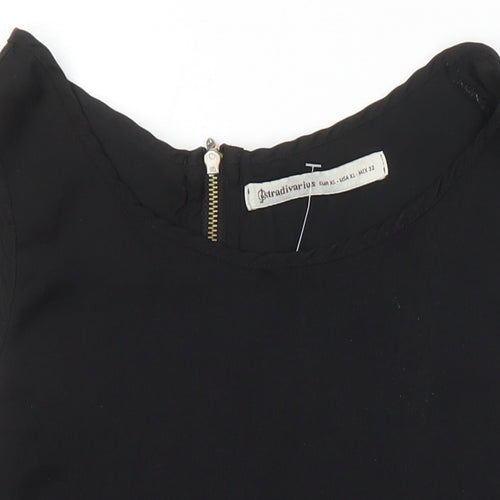 Stradivarius Womens Black Herringbone Cotton Blend Tunic Blouse Size XL Round Neck