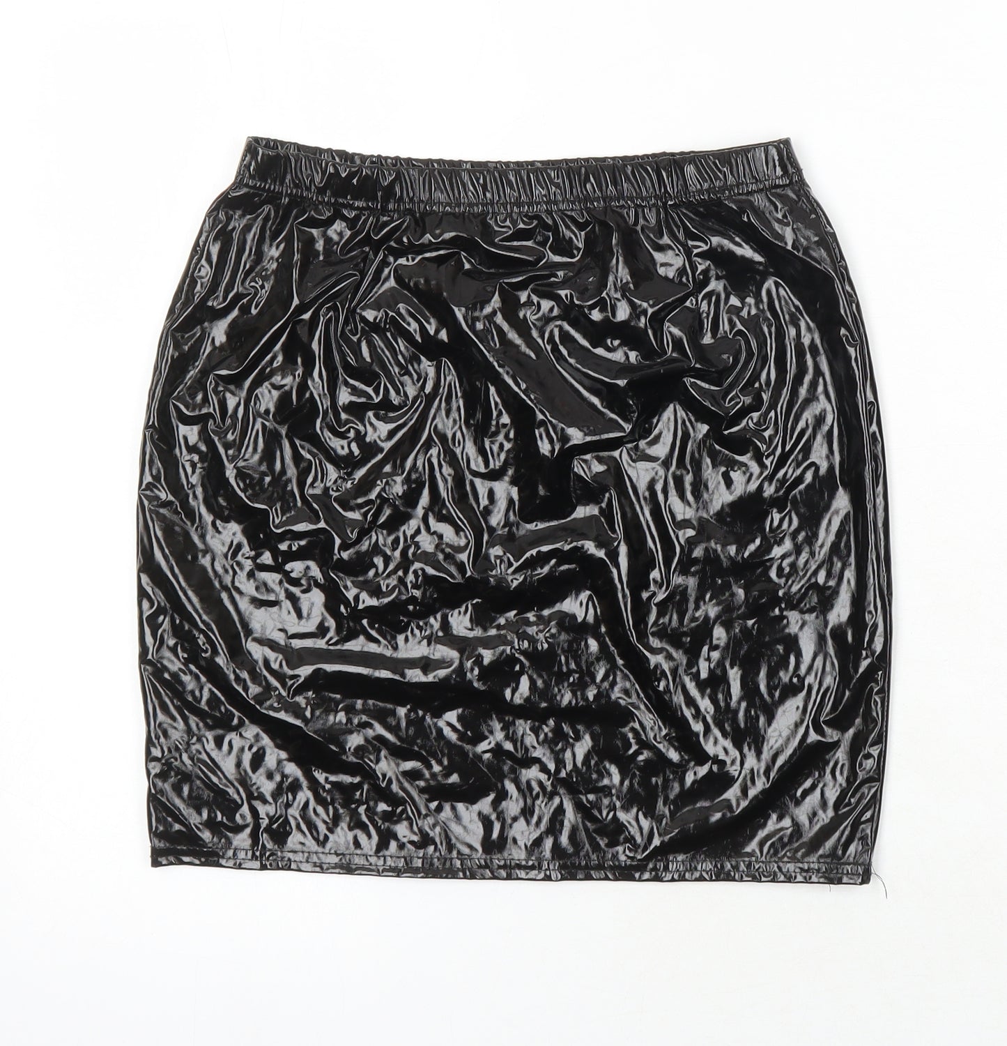 PRETTYLITTLETHING Womens Black Polyester Mini Skirt Size 10 - Wet look Elasticated waist