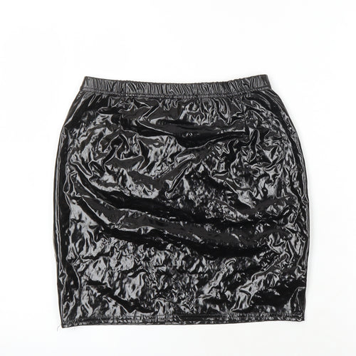 PRETTYLITTLETHING Womens Black Polyester Mini Skirt Size 10 - Wet look Elasticated waist