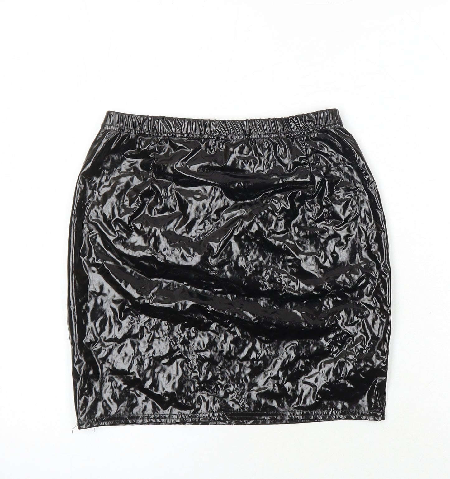 PRETTYLITTLETHING Womens Black Polyester Mini Skirt Size 10 - Wet look Elasticated waist