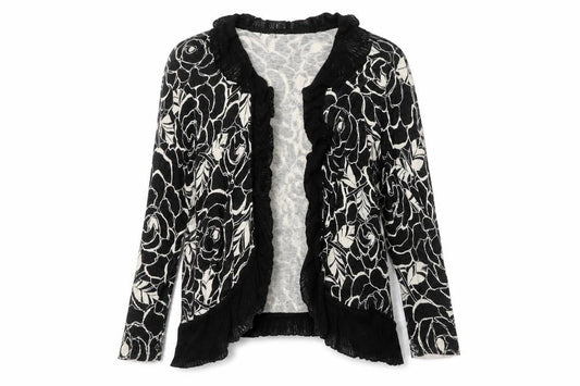 Front view of Marks & Spencer women’s multicoloured round neck geometric linen cardigan jumper, size UK 14