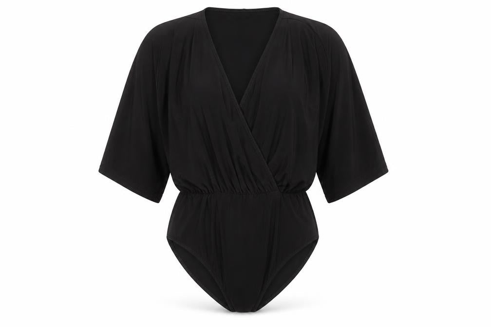 Front view of Boohoo women’s black polyester bodysuit one-piece, size UK 8