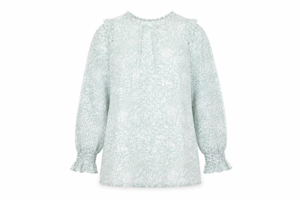 Front view of Oasis women’s multicoloured geometric polyester tunic blouse, size UK 12, round neck
