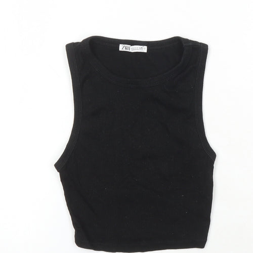 Zara Womens Black Cotton Basic T-Shirt Size 6 Scoop Neck