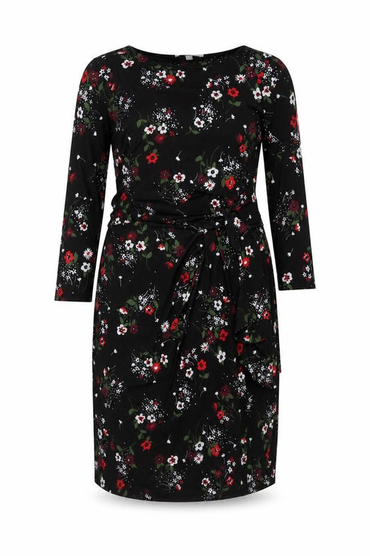Front view of Havren women’s beige floral polyester sheath, size UK 18, round neck pullover