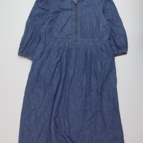 Marks and Spencer Womens Blue Cotton A-Line Size 12 Round Neck Zip