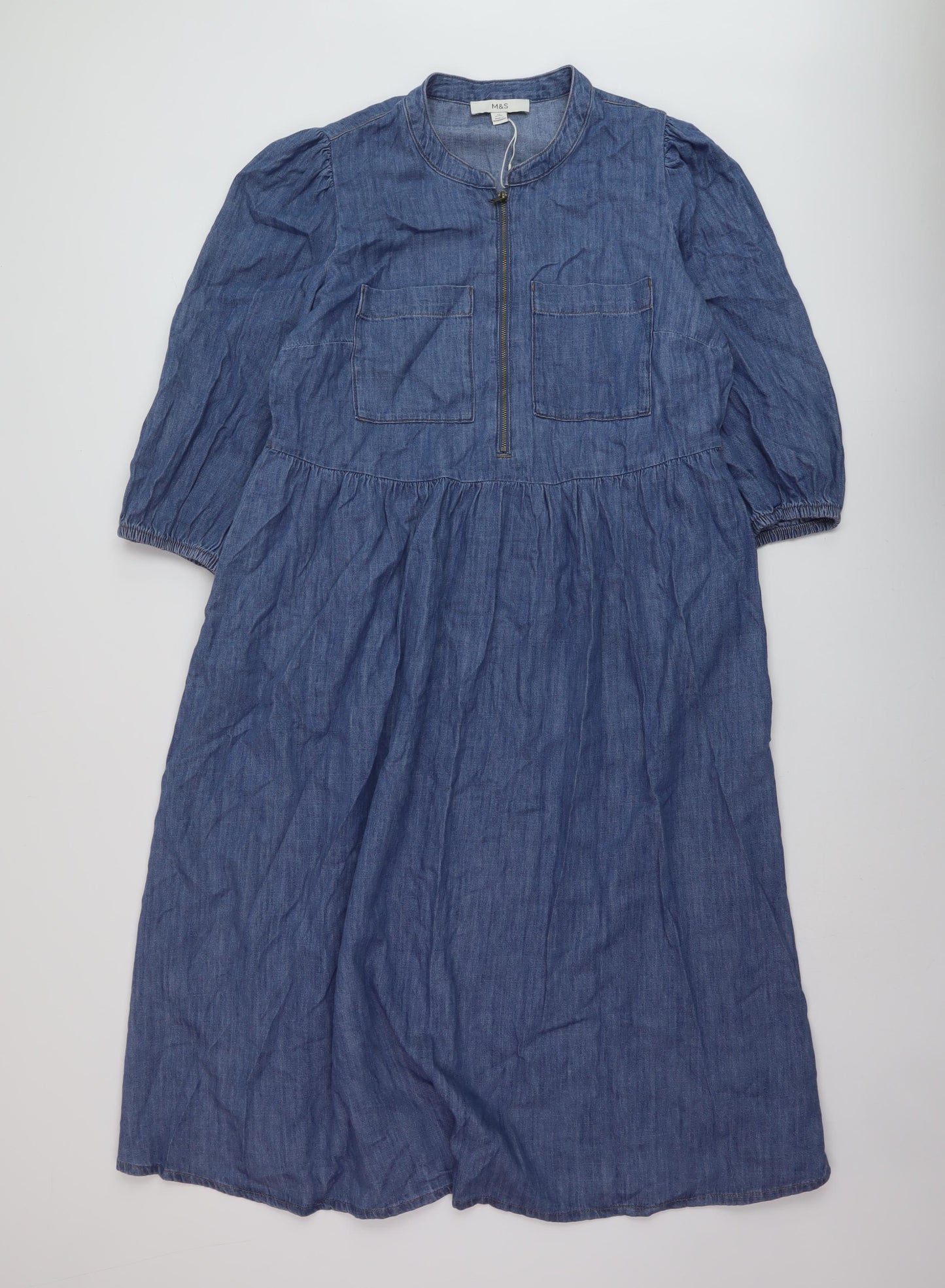 Marks and Spencer Womens Blue Cotton A-Line Size 12 Round Neck Zip