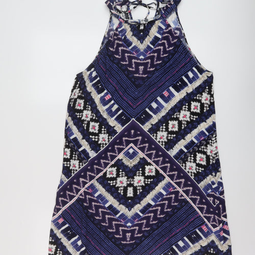 Warehouse Womens Blue Geometric Polyester Tunic Tank Size 16 Round Neck