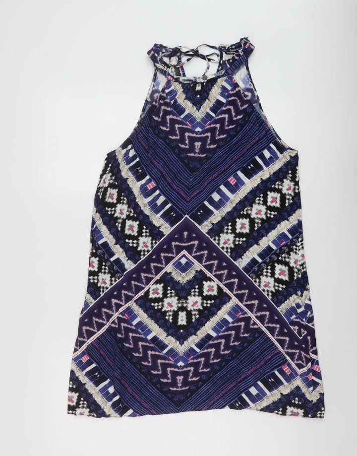 Warehouse Womens Blue Geometric Polyester Tunic Tank Size 16 Round Neck