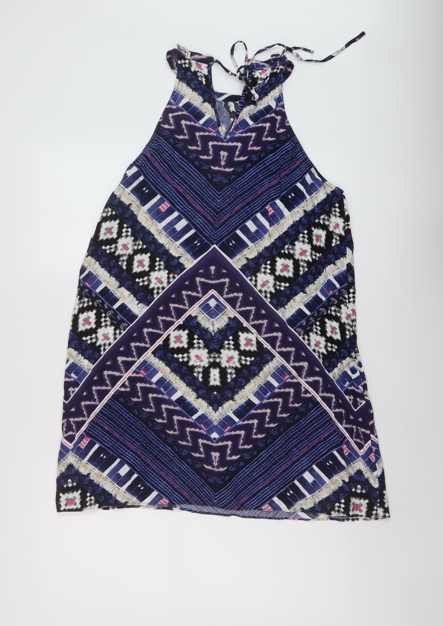 Warehouse Womens Blue Geometric Polyester Tunic Tank Size 16 Round Neck