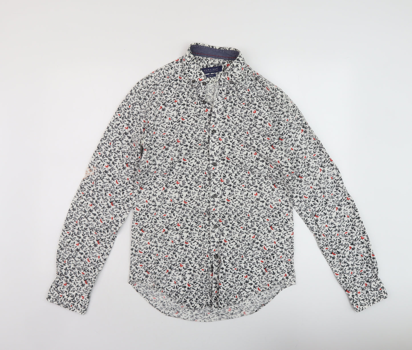 Zara Mens Multicoloured Floral Polyester Button-Up Size S Collared Button