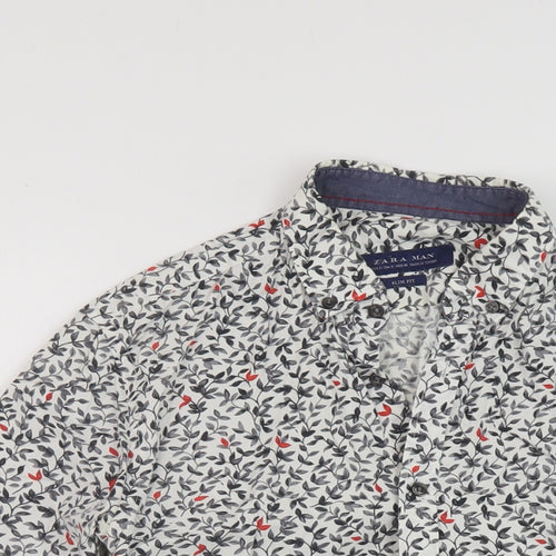 Zara Mens Multicoloured Floral Polyester Button-Up Size S Collared Button