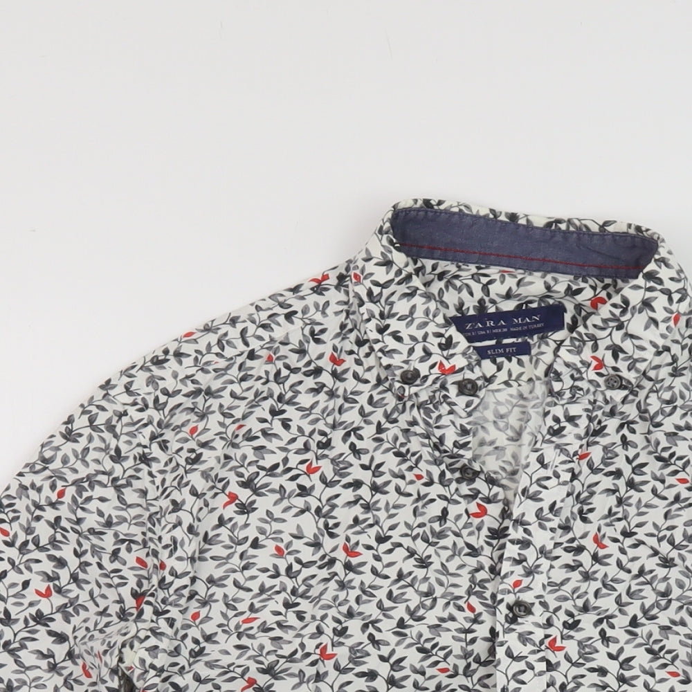 Zara Mens Multicoloured Floral Polyester Button-Up Size S Collared Button