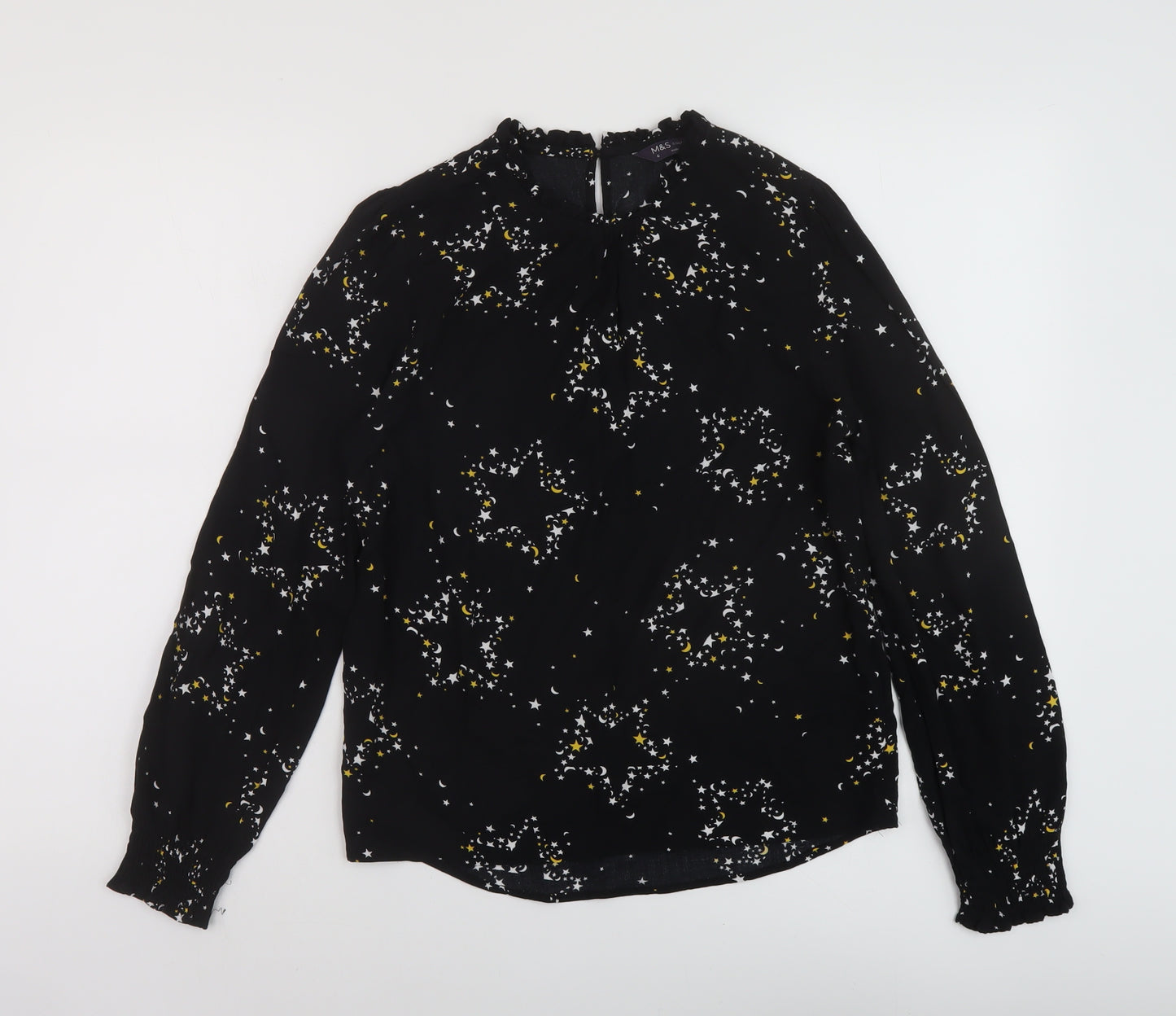 Marks and Spencer Womens Black Geometric Viscose Basic Blouse Size 6 Round Neck