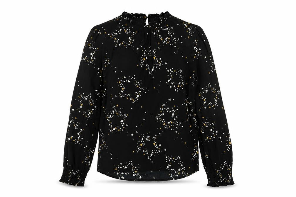 Front view of Marks & Spencer women’s black geometric viscose basic blouse, size UK 6, round neck