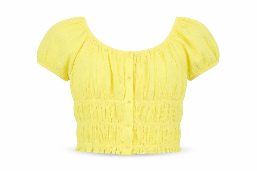 Front view of Marks & Spencer girls’ yellow polyester basic blouse, size 13-14, years round neck button