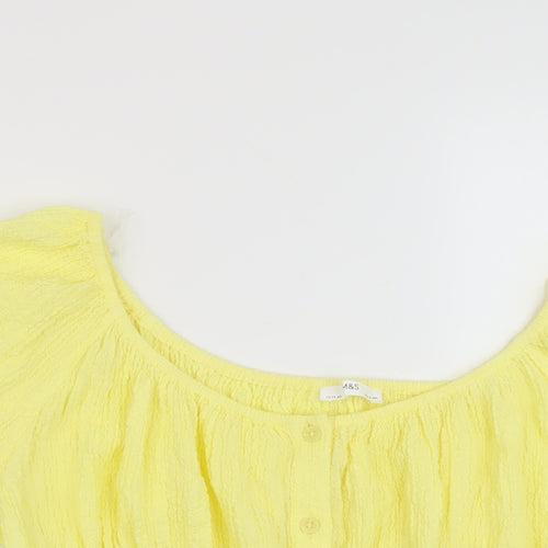 Marks and Spencer Girls Yellow Polyester Basic Blouse Size 13-14 Years Round Neck Button
