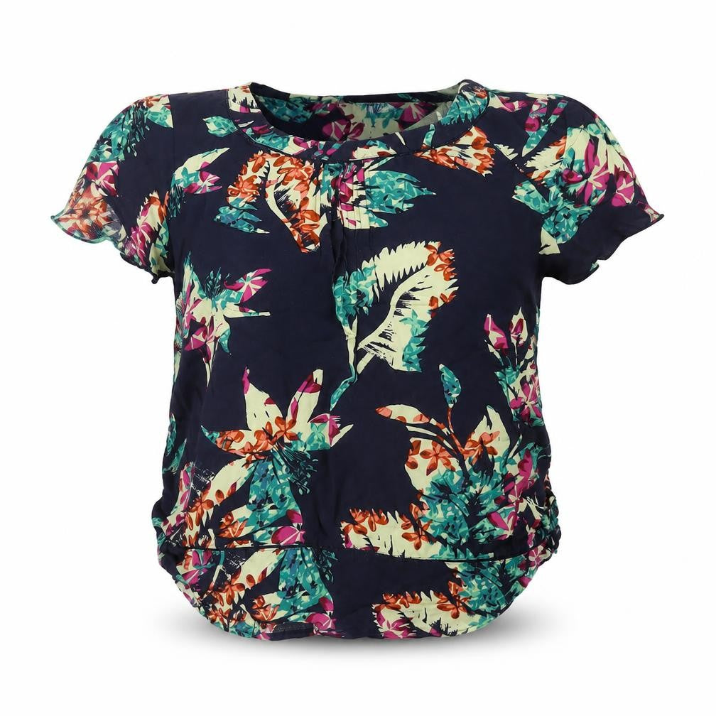 Front view of Per Una women’s blue floral viscose basic blouse, size UK 12, roll neck