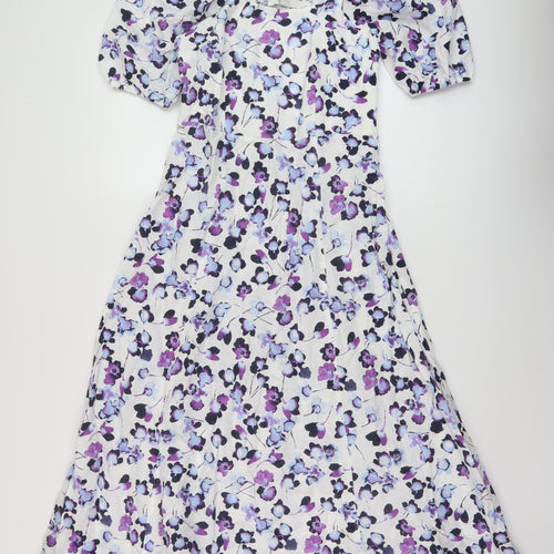 Marks and Spencer Womens Multicoloured Floral Linen A-Line Size 8 Square Neck Zip