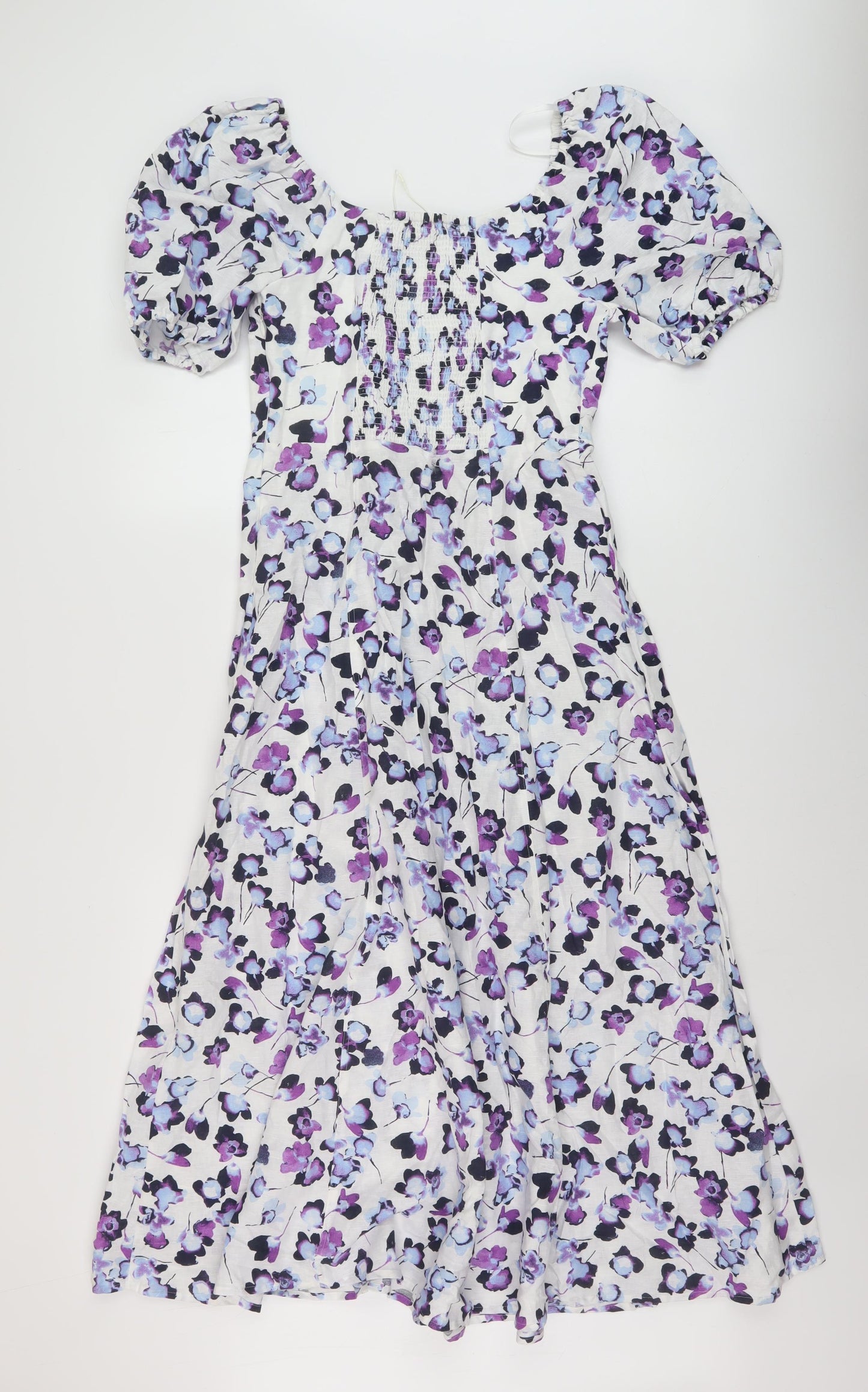 Marks and Spencer Womens Multicoloured Floral Linen A-Line Size 8 Square Neck Zip