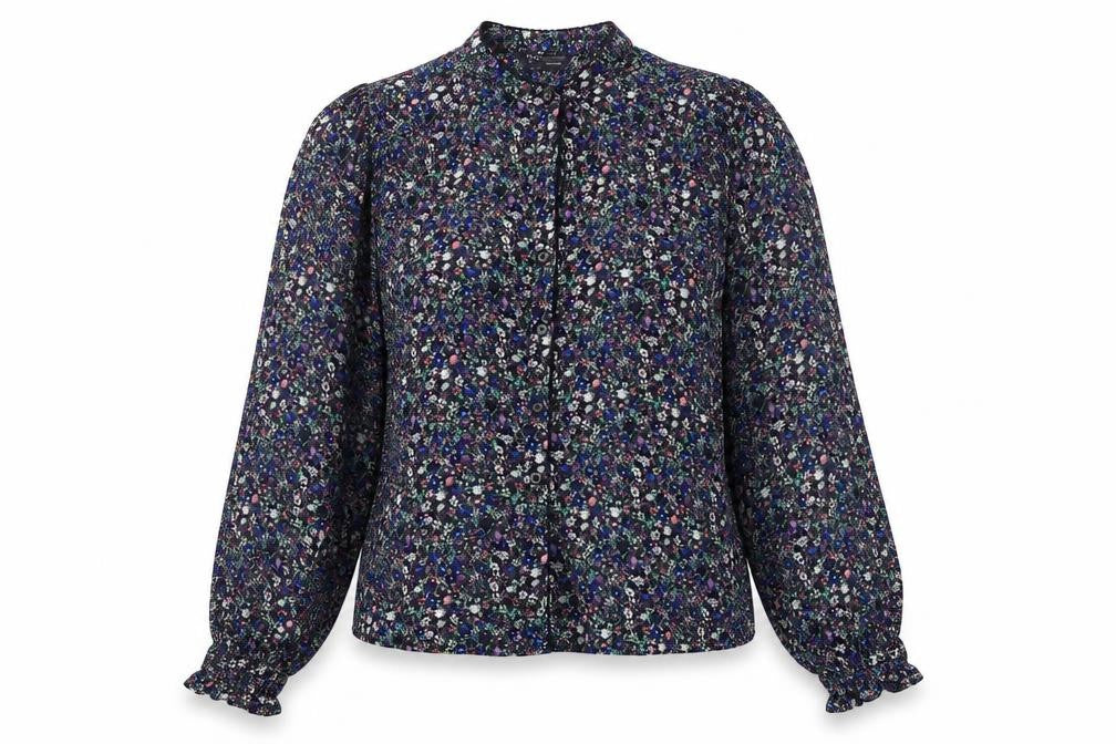 Front view of Marks & Spencer] women’s multicoloured floral camel basic blouse, size UK 10, mock neck