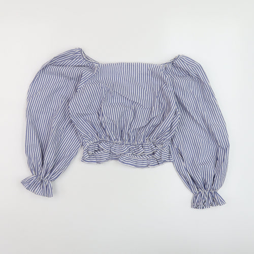 River Island Girls Blue Striped Cotton Basic Blouse Size 9-10 Years Sweetheart Pullover