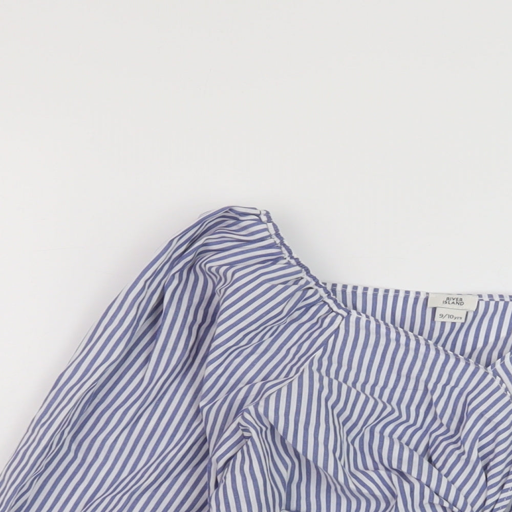 River Island Girls Blue Striped Cotton Basic Blouse Size 9-10 Years Sweetheart Pullover