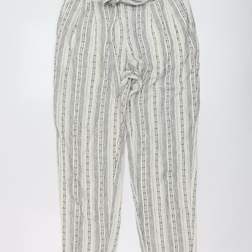 Marks and Spencer Womens Beige Striped Linen Trousers Size 8 L26 in Regular Hook & Eye