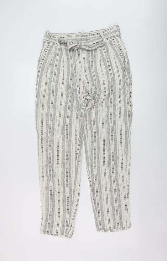 Marks and Spencer Womens Beige Striped Linen Trousers Size 8 L26 in Regular Hook & Eye