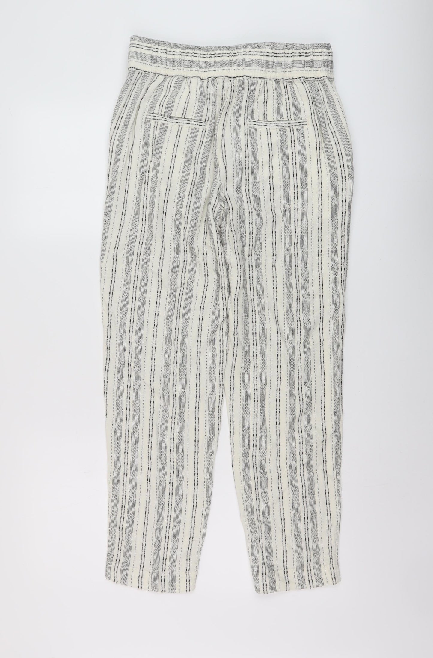 Marks and Spencer Womens Beige Striped Linen Trousers Size 8 L26 in Regular Hook & Eye