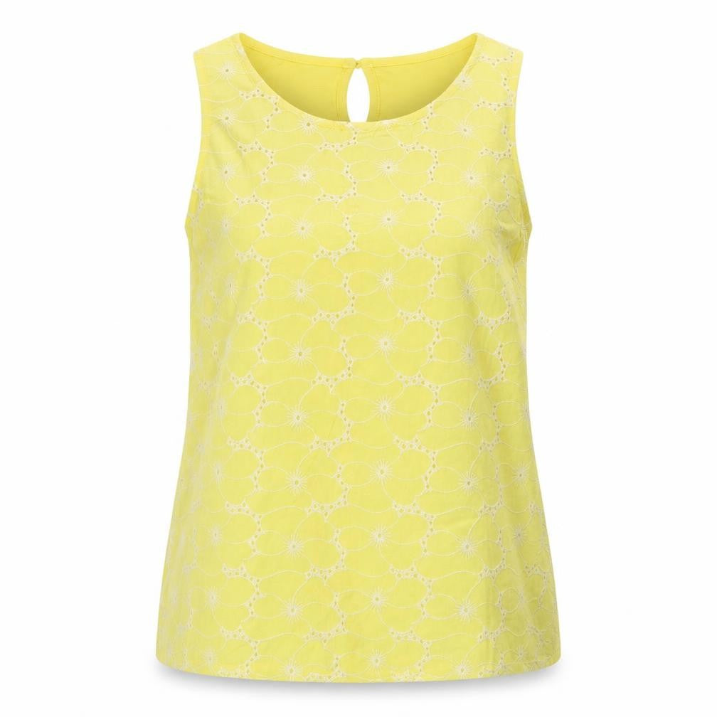 Front view of Next women’s yellow floral cotton basic tank, size UK 6, round neck
