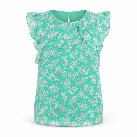 Front view of Oasis women’s green floral polyester basic tank, size UK 8, round neck