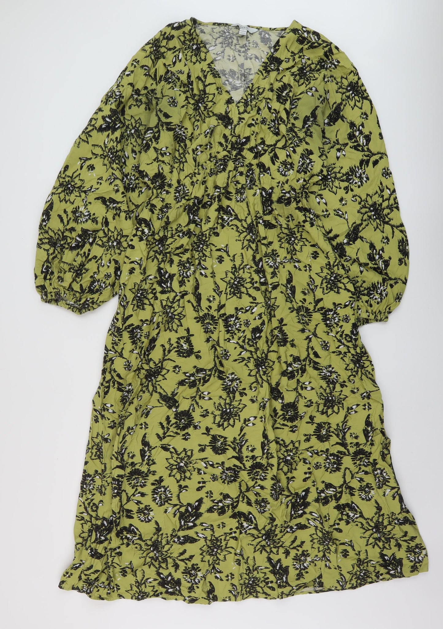 Marks and Spencer Womens Green Floral Viscose A-Line Size 12 V-Neck Pullover