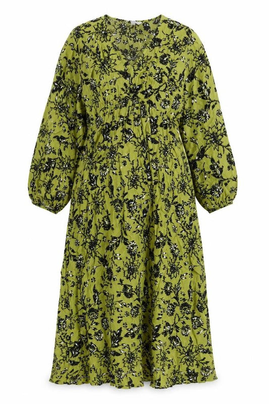 Front view of Marks & Spencer women’s green floral viscose a-line, size UK 12, v-neck pullover