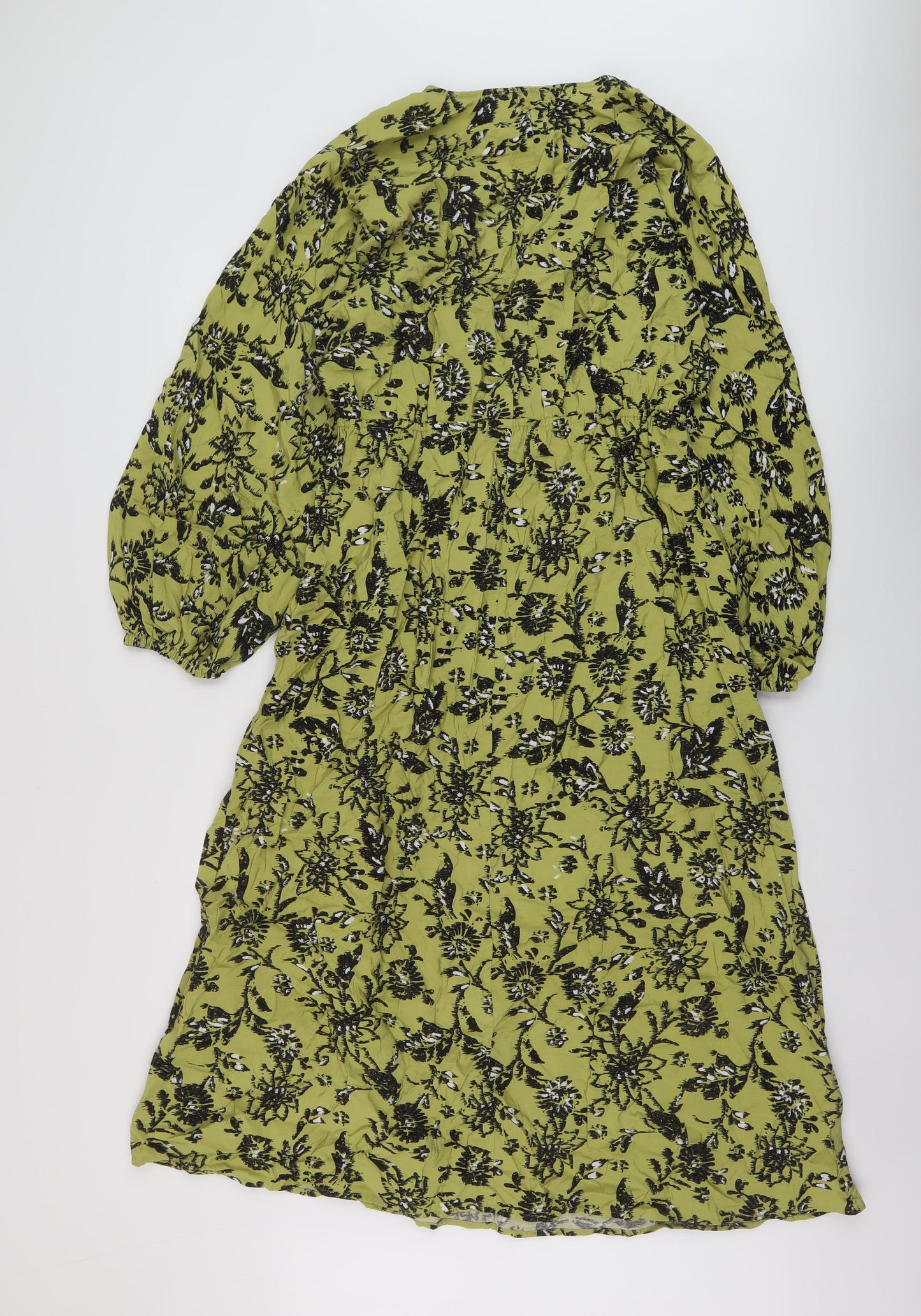 Marks and Spencer Womens Green Floral Viscose A-Line Size 12 V-Neck Pullover