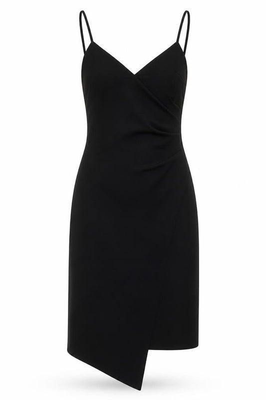 Front view of PRETTYLITTLETHING women’s black polyester bodycon, size UK 6, v-neck pullover