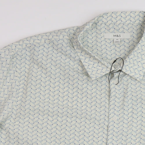 Marks and Spencer Mens Green Geometric Polyester Button-Up Size 3XL Collared Button