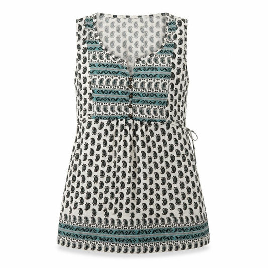 Front view of Monsoon women’s multicoloured geometric cotton basic tank, size UK 10, round neck