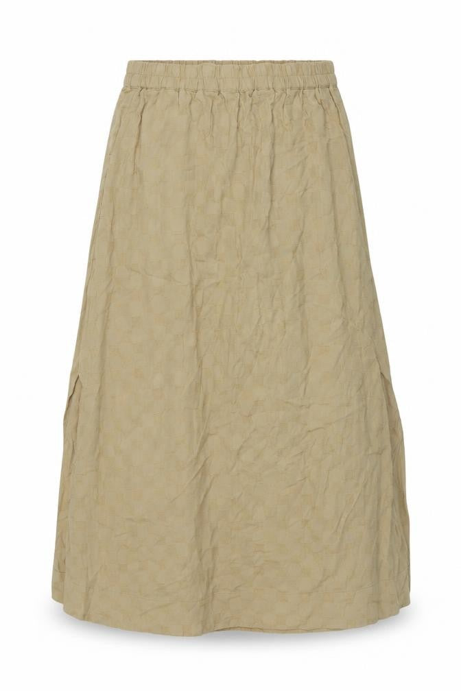 Front view of Marks & Spencer women’s beige check polyester a-line skirt, size UK 10