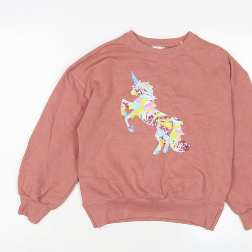 M&Co Girls Pink Cotton Pullover Sweatshirt Size 9-10 Years Pullover - Unicorn, Sequins