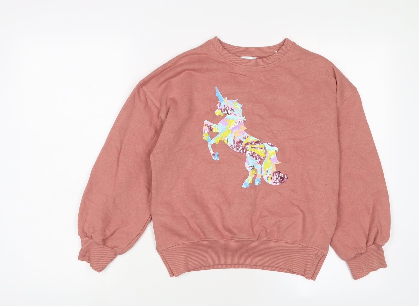 M&Co Girls Pink Cotton Pullover Sweatshirt Size 9-10 Years Pullover - Unicorn, Sequins