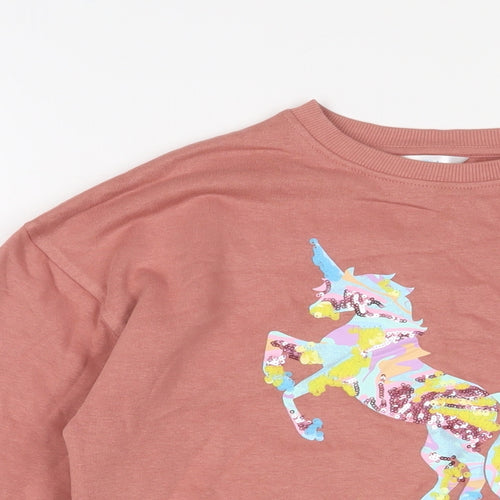 M&Co Girls Pink Cotton Pullover Sweatshirt Size 9-10 Years Pullover - Unicorn, Sequins