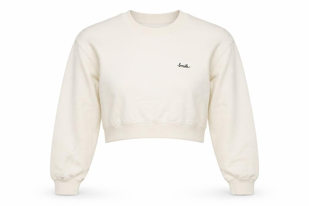 Front view of h&mq women’s ivory cotton pullover sweatshirt, size S, pullover