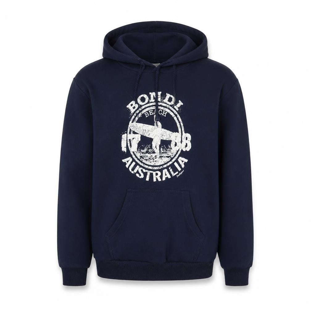 Front view of EMU Australia boys’ blue polyester pullover hoodie, size 14, years pullover