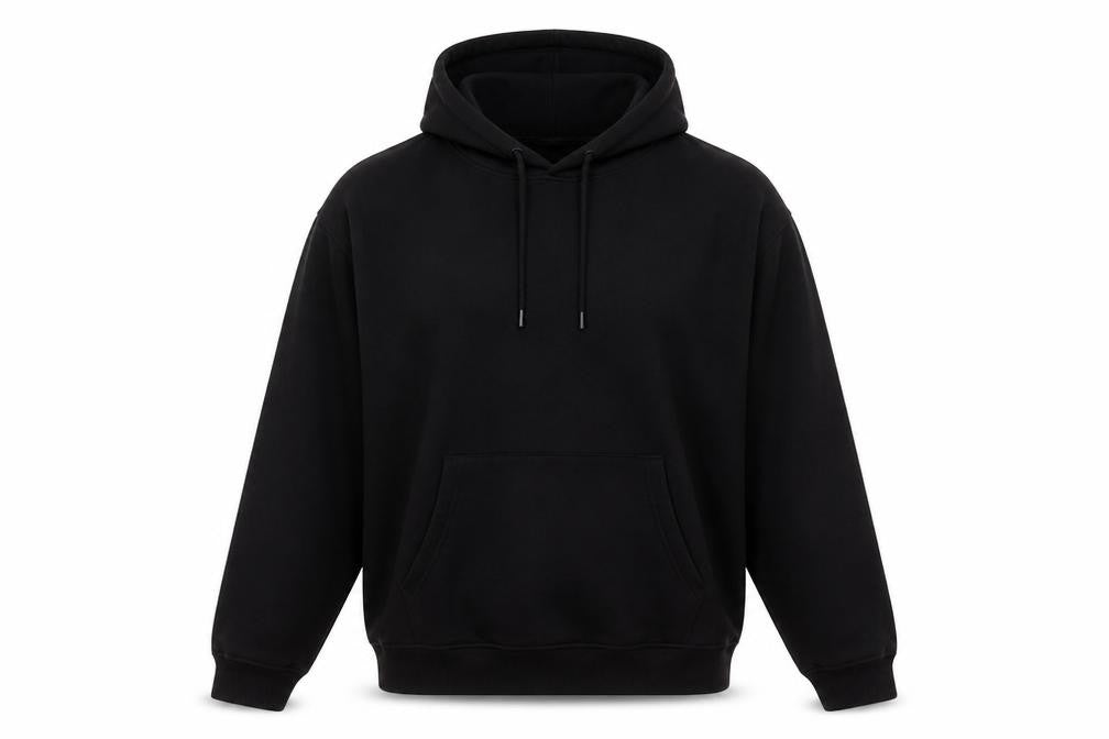 Front view of New Look women’s black cotton pullover hoodie, size S, pullover