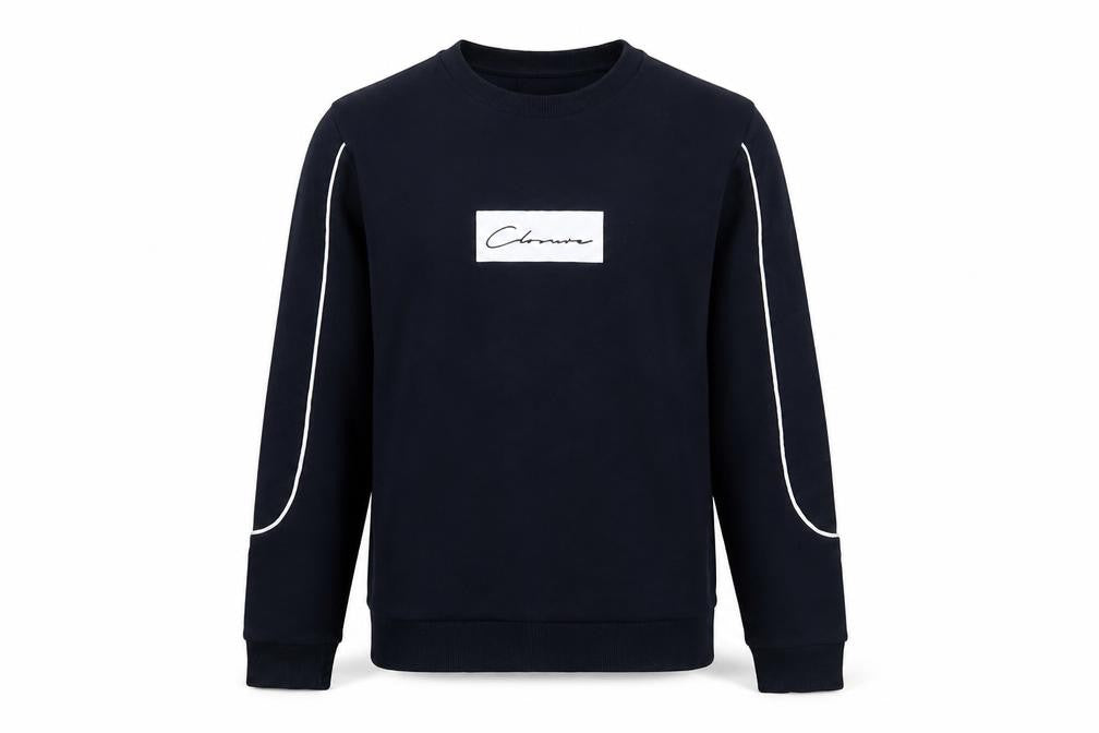 Front view of Closure men’s blue cotton pullover sweatshirt, size S