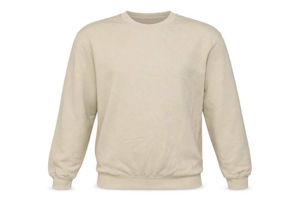 Front view of H&M men’s beige cotton pullover sweatshirt, size S