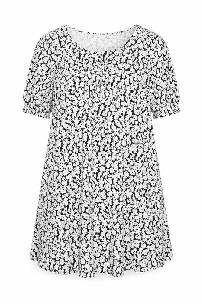 Front view of Marks & Spencer women’s blue floral viscose a-line, size UK 16, scoop neck pullover
